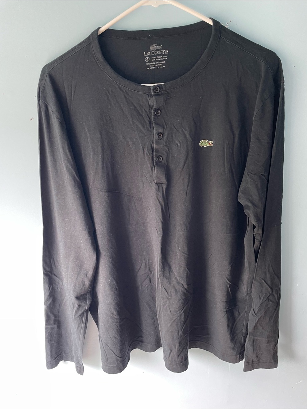 Lacoste Black Long-Sleeve Henley with Crocodile Logo